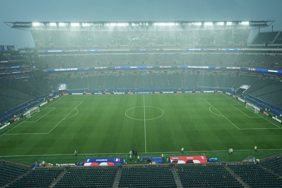 A general view of the stadium during a storm delay in the World Cup Group I soccer match...