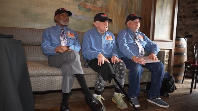 From left to right: Gregory Eaton, 85, Tom Henschel, 82, and Donald Crisman, 88, have attended...