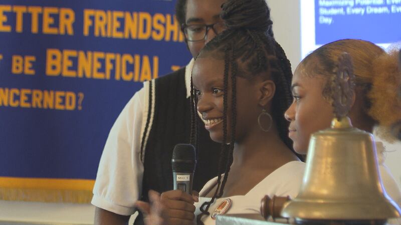 Ninth grader Alayzia Leggette speaks at Rotary Club of Meridian Wednesday as Meridian Public...